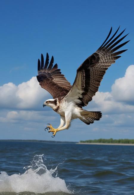 osprey eagle in flight rushing into the sea, blue sky background with cumulo-nimbus cloud, photography very realist
