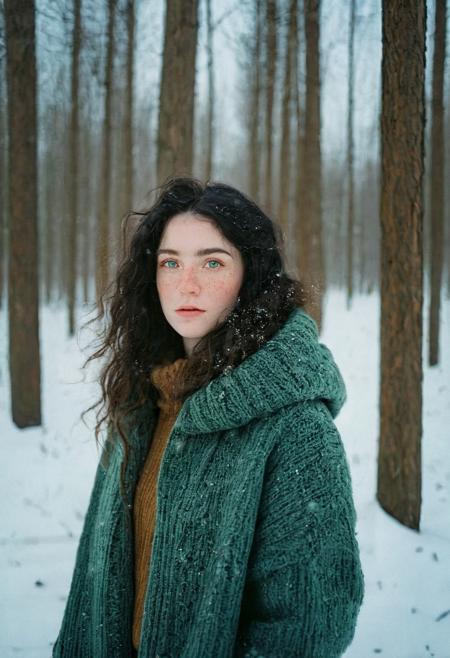 A portrait of a girl, wavy hair, black hair, Green eyes, standing in a forest in winter, warm clothes, looking at viewer, snow flakes,, freckles, pale skin, realistic, photo, golden hour, cinematic lighting, celluloid film skintone color style, earthy colors, blue colors