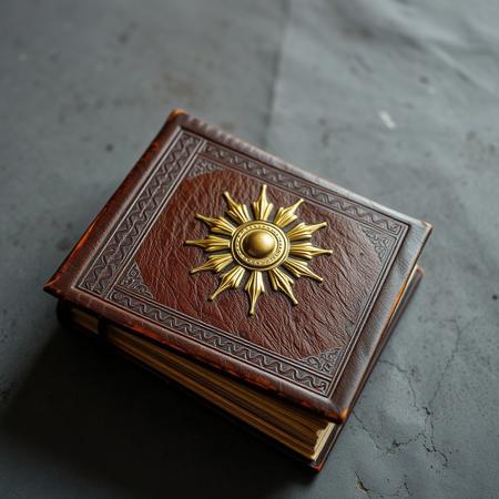 Brown medieval book with gold, grey background, cover, sun emblem, laying on a table