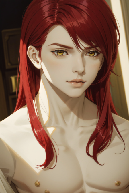 <lora:ballJointDoll_v10:.8> Ball Joint Doll, doll joints, 1boy, male focus, solo, red hair, two tone hair, yellow hair, long hair, pale skin, yellow eyes, looking at viewer, shirtless, upper body, depth of field, extreme light and shadow, dynamic angle