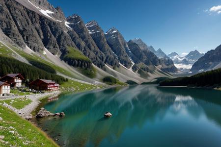 mountain, lake, clear water, best quality, alpine mountains, mountain village, photorealistic, realism,