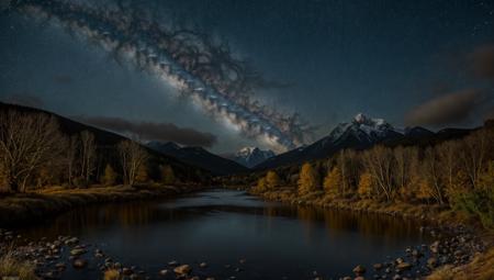 ((masterpiece:1.4,best quality)), cloud, outdoors, night, stars, moon
(mountains), spring glade, scenery, sky, winter, village, tree, river,
 high detail, abundant, 8k, high detail, wallpaper,
