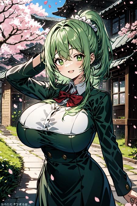 1girl, solo, album cover, green hair, ponytail hair, dark green eyes, huge breasts, school uniform, arm up, prism, building , happy, nice hands, standing, petals, cherry blossoms, modern life