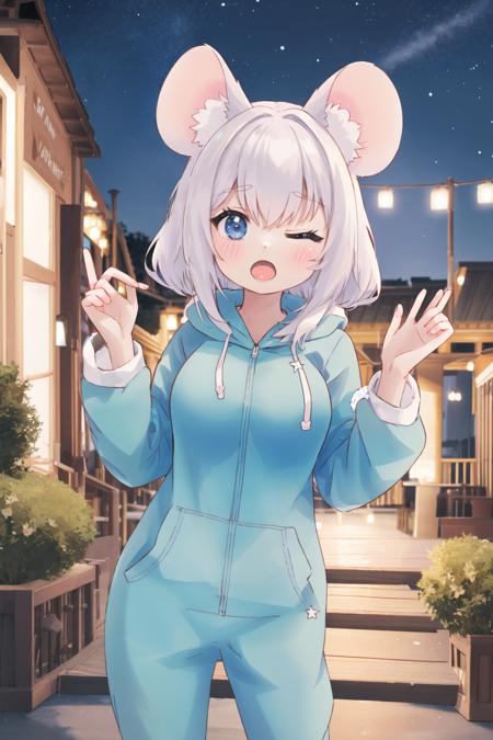 <lora:footie:0.6>, hoodie-footie pjs, 1girl, medium breasts, hood down, mouse ears, open mouth, outdoors, night, cowboy shot, forest, one eye closed, ;o, <lora:MonsterPromC-10:0.6>