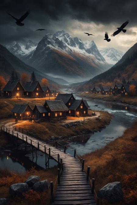 ethereal fantasy concept art of  , a few medieval wooden houses in the fall in the middle distance on a river in a wide valley surrounded by high mountains, lights illuminate the way, a medieval wooden bridge that people in black coats cross, some farms in the background, crows fly in the air, dark clouds,
(darkness:3.0) , midnight,  dark, dangerous, ghostly, spooky, scary, horror, mystical, creepy,  <lora:add-detail-xl:1.8>, . magnificent, celestial, ethereal, painterly, epic, majestic, magical, fantasy art, cover art, dreamy