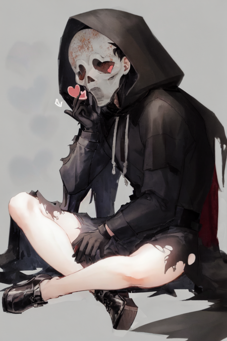 Ghostface Baller, solo, gloves, long sleeves, 1boy, sitting, male focus, heart, hood, torn clothes, mask, cloak, hood up, skull, robe, indian style, heart background <lora:Ghostface:1>