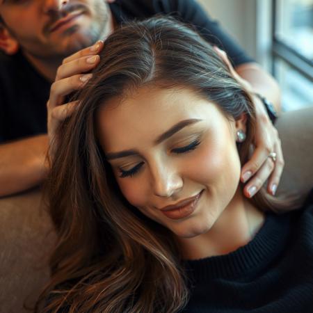 beautiful woman seated, relaxed, chin slightly tipped down, hair loose, blush,  lips turned up at corners of her mouth, male hands on her shoulders, male behind her, head out of frame, close up on her head and shoulders