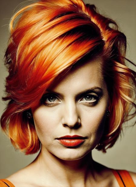 analog style, modelshoot style, portrait of sks woman by Flora Borsi, style by Flora Borsi, bold, bright colours, orange Mohawk haircut, ((Flora Borsi)), <lora:locon_mena_v1_from_v1_64_32:1.3>