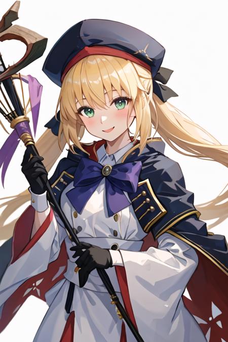 best quality, masterpiece, highres, solo, {altria_caster_fgo:1.15}, blonde_hair, long_hair, green_eyes, bangs, twintails, bow, hat, smile, hair_between_eyes, staff, cape, blush, blue_headwear, buttons, beret, closed_mouth, breasts, 1girl, ahoge, hair_ornament, japanese_clothes, kimono, looking_at_viewer, alternate_costume, hair_bow, long_sleeves, wide_sleeves, holding, open_mouth, shrine