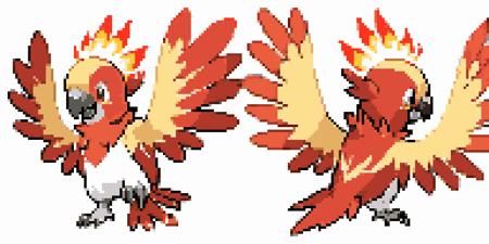 (laughing:1.2) parrot with fire feathers pokemon white background front and back pixel art