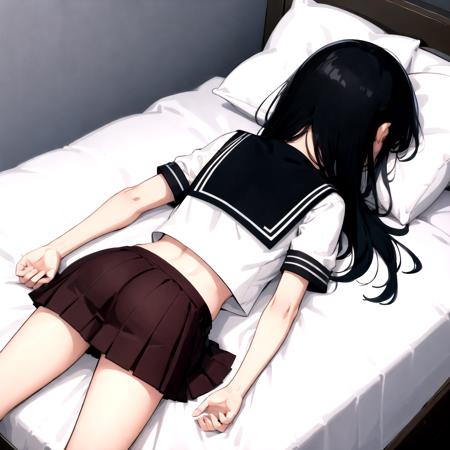 absurdres, highres, ultra detailed, solo, face down, on stomach, on bed, face in pillow, bed, back,  from behind, cowboy shot, 
1girl, brown hair, long hair, outstretched arms, spread arms, hands out of frame,  serafuku, pleated skirt, perfect hands, bag, smartphone, lying, 
<lora:mission_complete_v011:1> <lora:envybetterhandsLocon_beta2:1>
# + impaint for hands
