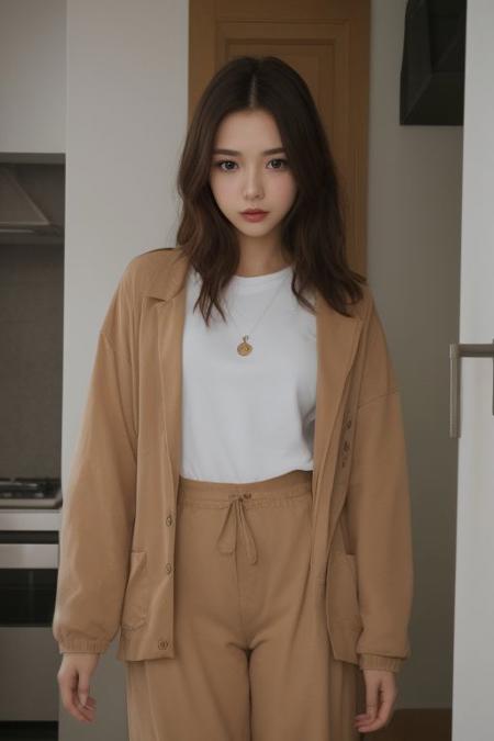 29 yo girl, Korean beauty, brunette, close-up, girl next door, baggy clothes, night, interior,