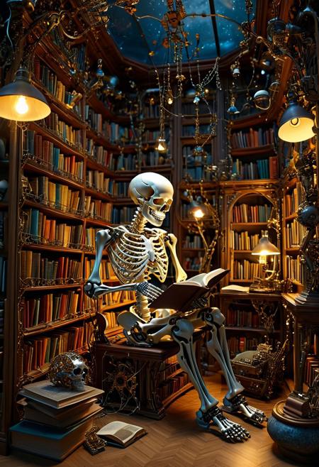 A 3D representation of a surrealist scene features a robotic skeleton engaged in reading a book. The robotic skeleton exhibits meticulously detailed metallic bones, adorned with gears, wires, and circuits. Its partially robotic skull includes glowing eyes and exposed wires. The skeleton is seated in an indistinct room reminiscent of a library, with a high ceiling and multiple levels of shelves filled with books. Additional objects, such as lamps and vases, are crafted from mechanical components. The background presents a dreamlike, unsettling landscape where mechanical parts and organic forms intermingle.