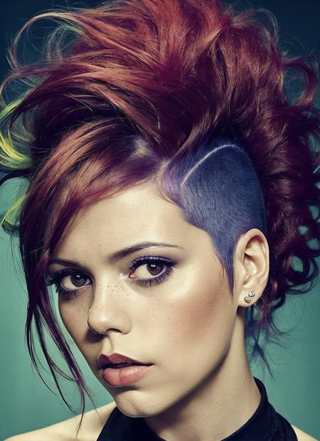 portrait of sks woman by Flora Borsi, style by Flora Borsi, bold, bright colours, rainbow Mohawk haircut, ((Flora Borsi)), <lora:locon_jennaortega_v1_from_v1_64_32:1.25>