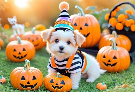 soft pastel colors, glowing pumpkins, sparkly lights, friendly smiles, skeleton puppy. ((adorable Halloween creature:1.3) fantasy garden scene photograph:1.3). little pumpkin sprite with peach orange adorable buns short and fluffy hair, sparkly and cute. tiny paws and soft fur with gentle pastel shade and glittering eyes. Wearing pumpkin hat and striped shirt with little overalls and soft slippers. playing with sparkles in a sparkling garden. Photo is from above, surrounded by pumpkins under pastel sunset, the mood is sweetly spooky, feeling excited.