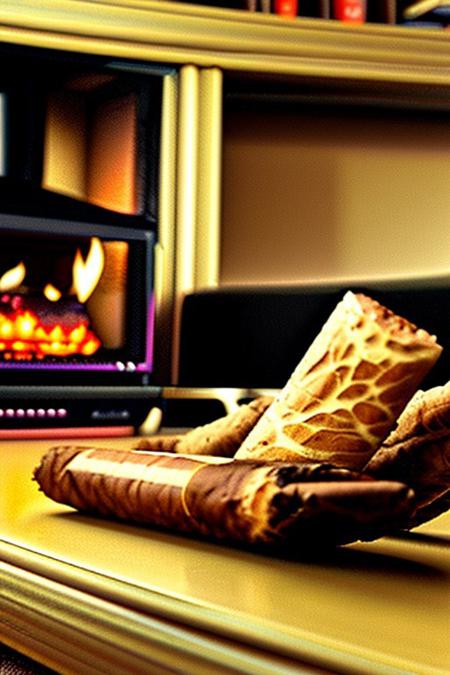 a cat smoking a cigar, sitting on black couch, fireplace,<lora:vhs:1>