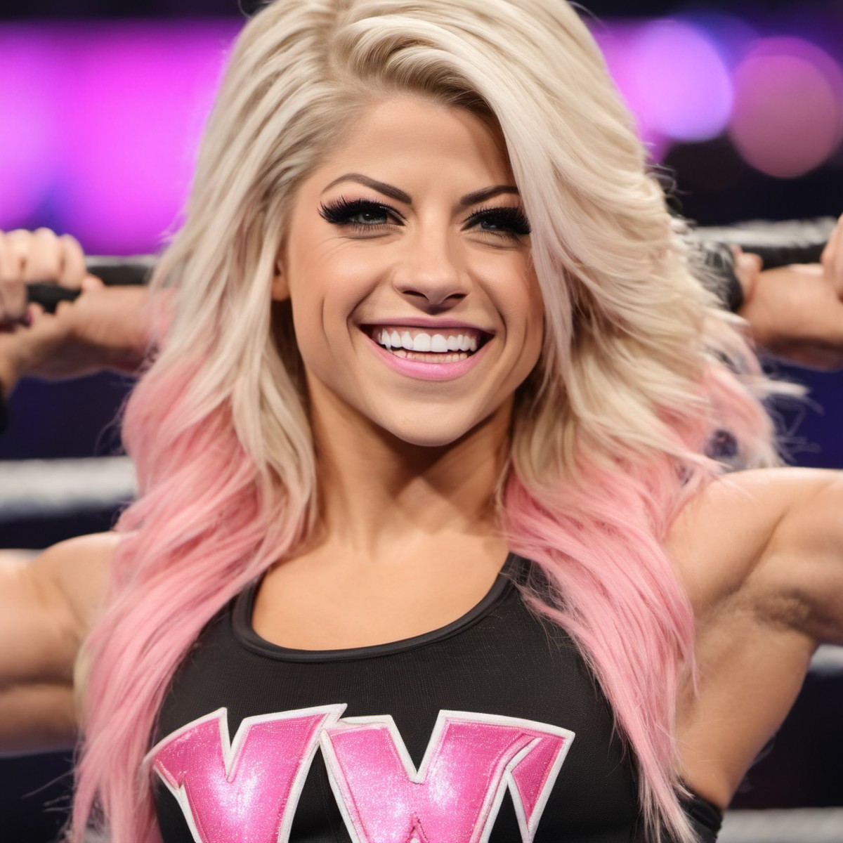 photo of a woman in a gym wwe, blonde hair with pink tips, Alexa Bliss, dark eye makeup, big smile