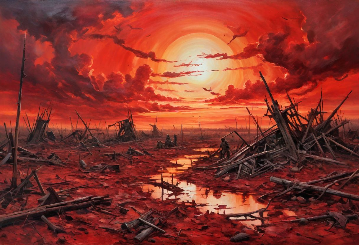oil painting, post-apocalyptic fantasy landscape, killing fields, battlefield, red sky, bleeding sun, torn flags, red clouds, masterpiece,
