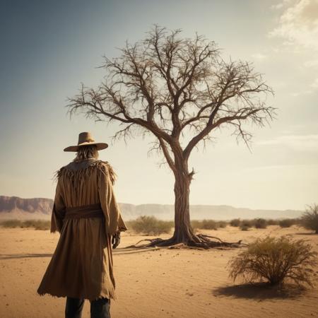 cinematic film still of  <lora:Scarecrow:1.2>
Scarecrow a man standing in a desert with a giant tree in Gotham city universe, shallow depth of field, vignette, highly detailed, high budget, bokeh, cinemascope, moody, epic, gorgeous, film grain, grainy