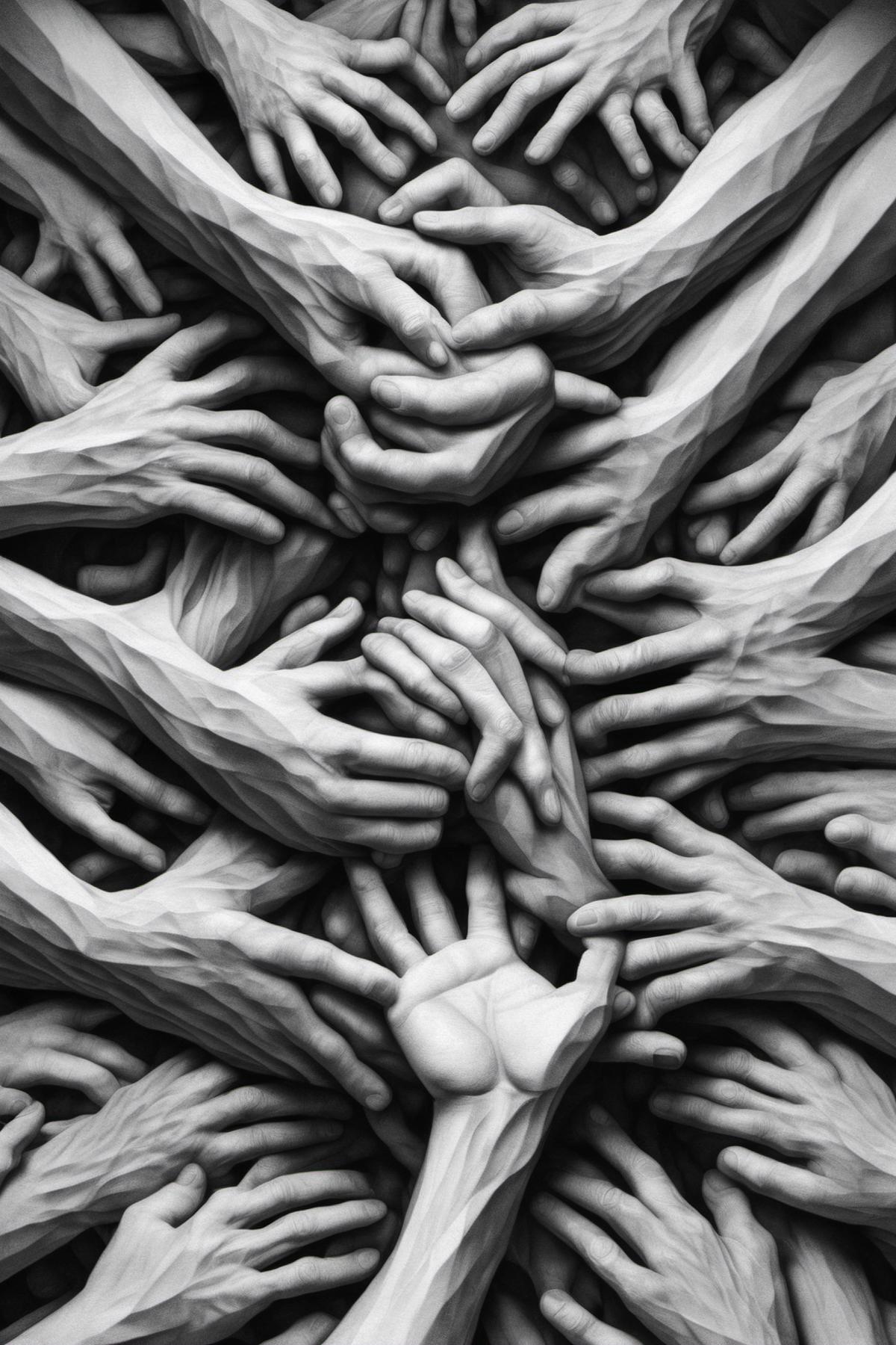 A group of hands, some of which are holding hands with other hands, forming a large circle.