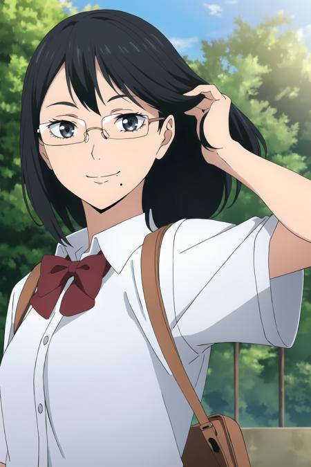 ((best quality)),((highly detailed)),masterpiece,absurdres,detailed face,beautiful face,(detailed eyes, deep eyes),(1girl),((dynamic pose)),  <lora:KiyokoV1:0.6>,Kiyoko, 1girl, black hair, glasses, solo, grey eyes, mole, bag, mole under mouth, upper body, looking at viewer, long hair, mole under eye, outdoors, blurry, short hair, rimless eyewear, school uniform, closed mouth, smile, fixing hair, adjusting hair,