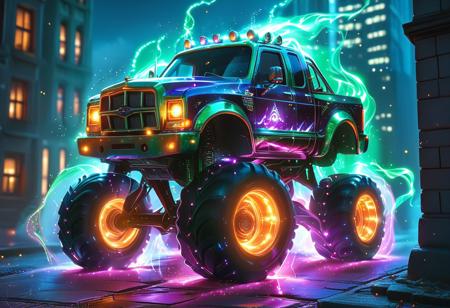 vibrant colors, shiny_skin, prefect lighting, detailed image, snoozing, masterpiece, best quality, highly detailed, ultra quality, 
hkmagic, sparkling glitter and crystals, glowing emerald light waves, in a fantasy art style, 
Monster truck, On the road, 
outdoors, neon lights, glowing, glowing RGB lights, city, skyscraper, building, sciencefiction, electricity, neon lights, night, moon, moonlight,