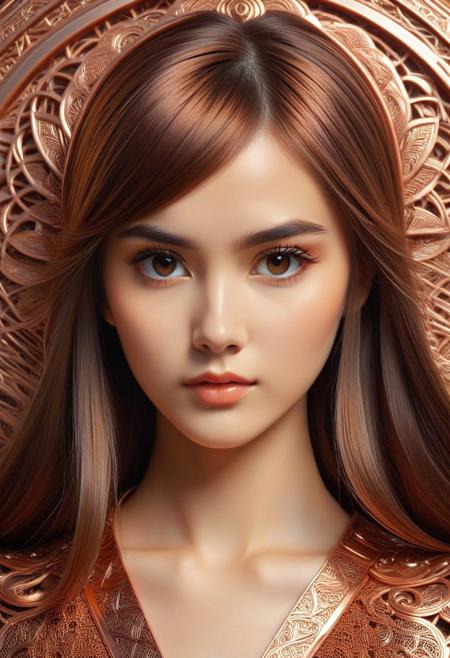 CopperCopper theme, intricate details, ultra sharp, exquisite detail, flawless composition, vivid colors, masterpiece, Super model, portrait, stoic, expressionless, beautiful, photorealistic, UHD, 8K, masterpiece, detailed, ultra_high_resolution, lots of detail, YurYuna, brown hair, modest, sfw, gorgeous, looks beautiful and aesthetic, colorful background, key visual, luxurious, artistic, high resolution, digital art, visual aesthetics, contemporary design, vibrant colors, artistic composition,  elegant, intricate detailing, modern,