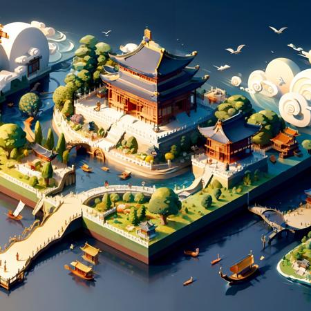 masterpiece, best quality,  <lora:minimap:1>,minimap, watercraft, water, tree, boat, architecture, building, bird, house, ocean, ship, east asian architecture, bridge, river, island, sky, stairs, day, dock, aircraft, pagoda