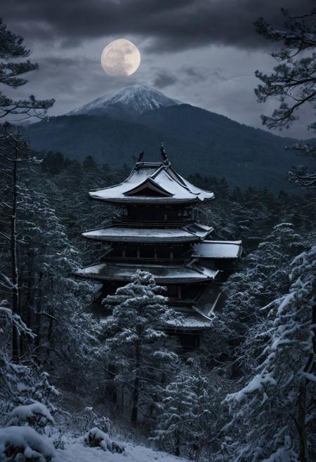 masterpiece, photorealistic, a dark dense and vast winter forest, distant mountains, japanese temple on top of a hill, spooky, eerie, scary, decay, destruction, dilapidated, uninhabited, japanese architecture, japanese forest, pine trees, nighttime, night sky, darkened sky, cloudy sky, snow