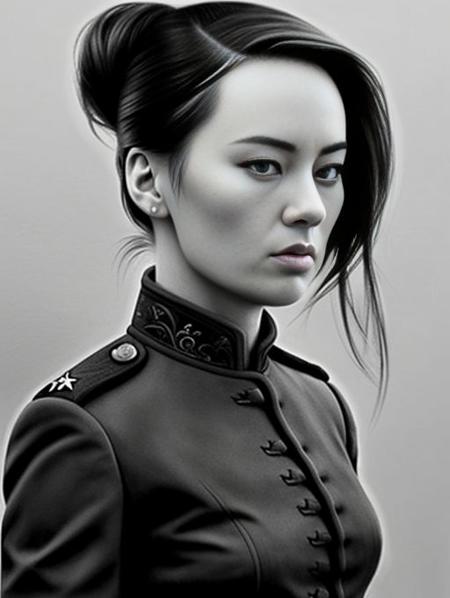 beautiful slim GeeCara , hair in tight bun, dark moody charcoal  drawing , military sci-fi uniform, intricate details , trending on artstation,,