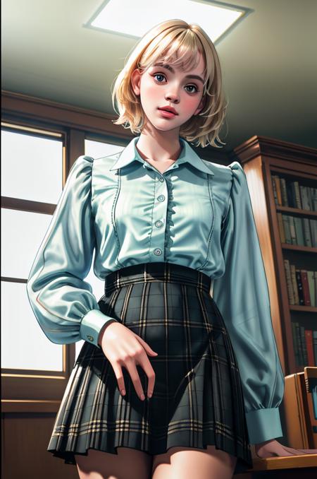 RAW photo,  tv_Akirel_aka_Lilit_A_GM_V1  nikon, scene, full body shot, standing in an old library, wearing a plaid skirt, wearing a white shirt, detailed skin, shot from below, flirting with the camera, epiCRealism, epiCPhoto,