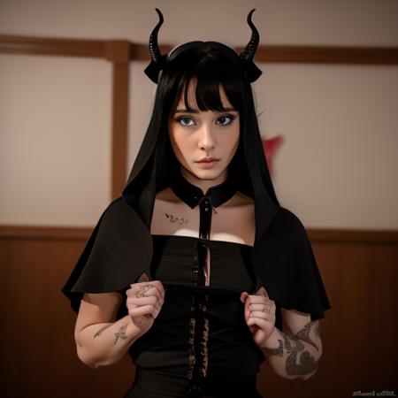 (gothcharlotte) (cinematic) (blue eyes) (dark hair) gorgeous nun (horns) (masterpiece)  (face focus) <lora:CHARLOTTE-10:1>