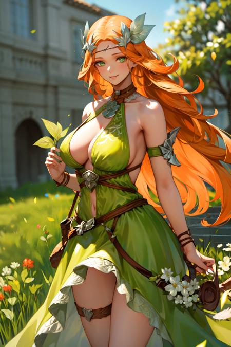 nophica, 1woman, red hair, (green eyes), green dress, leaf circlet, green necklace, leather chocker, leaf thigh strap, <lora:nophicaV1:0.7>, (sfw), divine smile, RAW photo, best quality, high resolution, (masterpiece), (photorealistic), professional photography, sharp focus, HDR, 8K resolution, intricate detail, sophisticated detail, hyper detailed, (bokeh),half body, posing, female focus, beautiful garden, ((blurry_background))