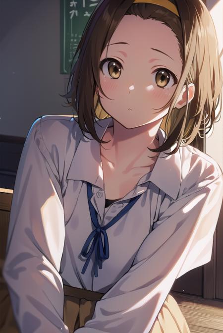 ritsutainaka, <lora:ritsutainakatest:1>, ritsu tainaka, (brown eyes:1.7), light brown hair, (forehead:1.5), hairband, short hair, (flat chest:1.2), BREAK sakuragaoka high school uniform, school uniform, BREAK looking at viewer, BREAK indoors, classroom, BREAK <lora:GoodHands-vanilla:1>, (masterpiece:1.2), best quality, high resolution, unity 8k wallpaper, (illustration:0.8), (beautiful detailed eyes:1.6), extremely detailed face, perfect lighting, extremely detailed CG, (perfect hands, perfect anatomy),