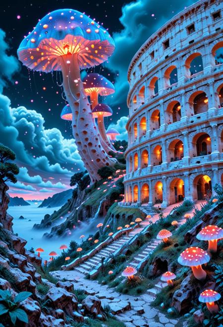surreal colosseum seen from opium hill and wide angle, overrun by giant mushrooms, where soft, candy-colored destruction gracefully unfolds: bright mushroom clouds made of flowers small glowing fireflies, and skies pulsating in bright, misty shades of coral and mint. flat colors, cel shading, comic book style, best quality, amazing quality, masterpiece, absurd, high resolution, very detailed, extremely detailed, ultra detailed, sharp focus, clean lines, high details, intricate details, Glowing Nature contest