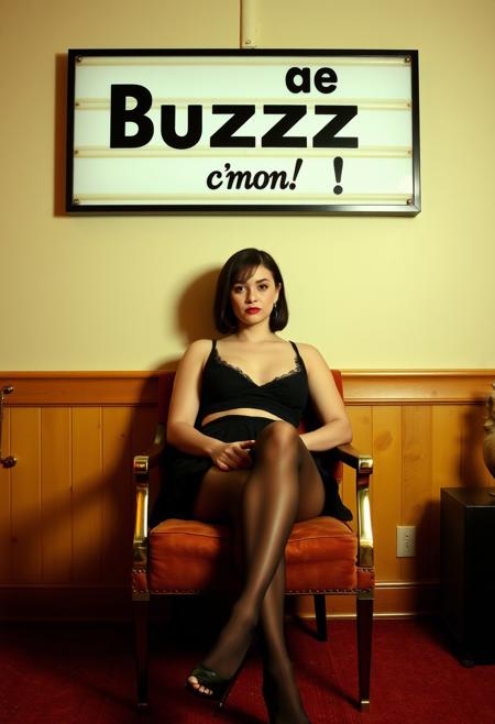 tarantino muse sitting in a chair, legs crossed wearing a short skirt and black pantyhose big Sign on wall says "Give me Buzz c'mon!"