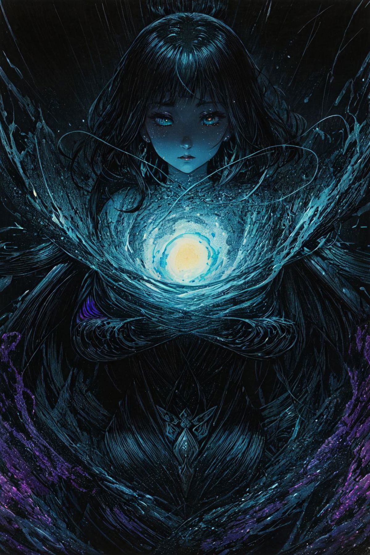 Artistic Illustration of a Girl with a Blue Aura Holding a Glowing Orb