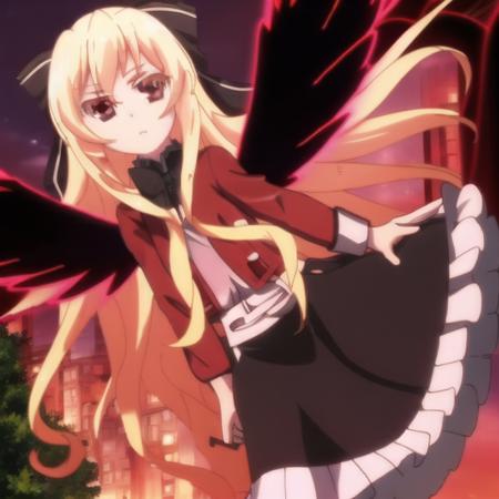 mondaiji-leticia, red jacket skirt black wings, bow, blonde hair, long hair, hair between eyes, red eyes, full body, solo, 1girl, outdoors <lora:mondaiji-leticia:1.0>