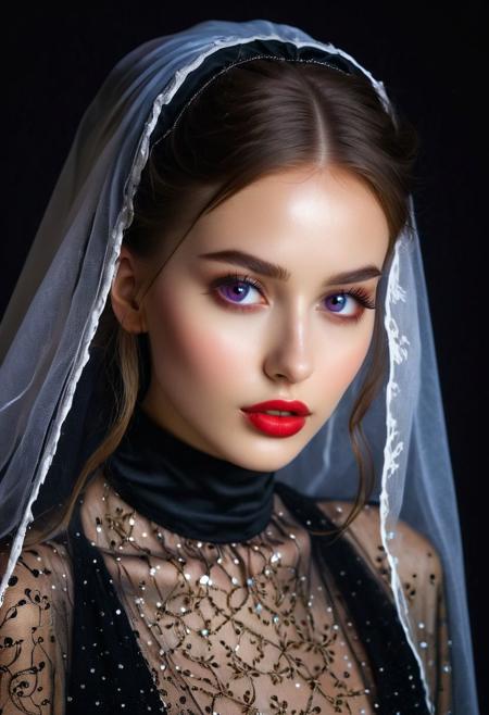 A professional (fashion photo photography:1.2),a  (studio portrait:1.2),showing (surrealistic style:1.1),(black purple gradient background:1.2),(exaggerated character movements:1.5),against glass,(masterpiece, best quality:1.4), perfect body,  long hair, brown hair, brown eyes, parted lips, , detailed skin,model photoshoot, long bob-cut hair, shiny oiled skin, pale skin,  pale white skin, shiny oiled skin, pale skin, realistic eye and face details), hyperrealism, very slim,  4k HDRvaporwave style Ultra High Resolution, wallpaper, 8K,Rich texture details, hyper detailed, detailed eyes, detailed background, dramatic angle,Ultra High Resolution, wallpaper, 8K,Rich texture details, hyper detailed, detailed eyes, detailed background, wearing translucent veils, elegant profile pose, dark photography, dramatic lighting, black background, deep shadows, chiaroscuro, (old russian folk light dress red ornaments:1.1) slim elegant russian girl folk hairstyle halo above head (icon style:1.2) choker, make-up photography by (Ethel Warwick:1.3), modelshoot, pose, , (Ethel Warwick: 1,2) award winning photo macro shot  dramatic lighting,philosophical dimensions,NIKON Z9,35mm,f/1.2,RAW format,stark composition.,(muted tones:1.2),award winning photo,(dream-like quality:1.2),