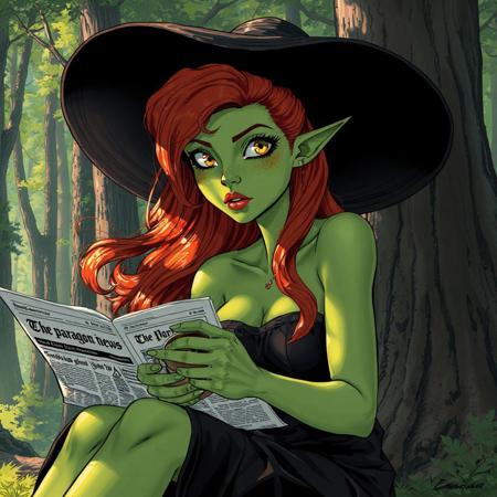 drawn in high detail, dan mora art style modern comic art style, dynamic lighting(30 year old green skinned lady small pointed ears pricing green skin with LONG RED HAIR curly pretty face freckles yellow yellow eyes dressed in a strapless black sun dress large black sun hat) sitting cross legged in a forest drinking coffee and reading the paragon news newspaper alluring mature