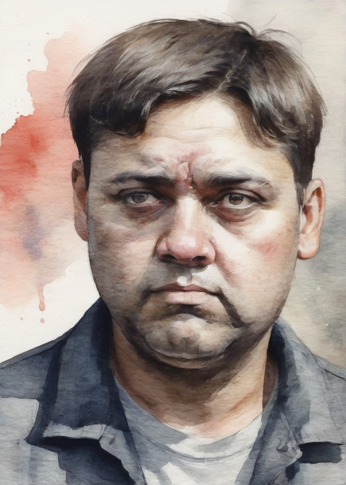 white space minimal watercolor portrait closeup head and shoulders of an ugly unattractive swarthy mean fat sloppy bellige...