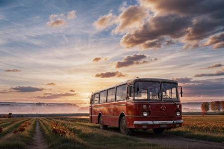 photo RAW,(gel40bo,(autumn:1.3),(1980s:1.3),(old Russia:1.2) landscape,(Crimson parking bus on A tranquil, sunlit field of wheat),sunrays,(bokeh:1.3) <lora:gelios40bokeh_v2:0.5>  <lora:laz695:0.7>, dusty atmospheric haze, high quality textures of materials, volumetric textures, coating textures, metal textures, (natural colors, correct white balance, color correction, dehaze,clarity)), masterpiece, award winning photography, natural light, perfect composition, high detail, hyper realistic,lens flare,Timeless Elegance, Classic Tones, Refined Lighting, depth of field,sharp focus, dark theme <lora:lowra_v10:0.06>