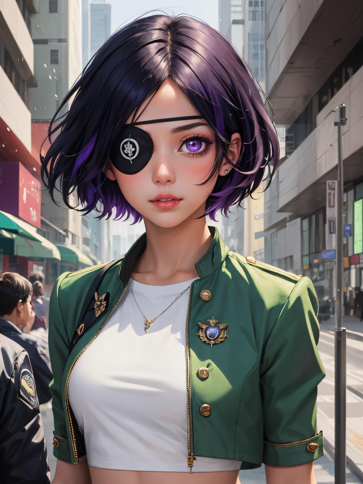 A woman wearing a purple wig, eye patch, and green jacket.
