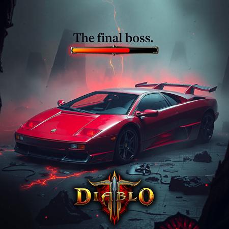 A Lamborghini Diablo VT '95 car stylized as a Diablo 3 final boss. Diablo style health bar at the top of the frame, with a text "The final boss". Diablo 3 logo. Diablo 3 infernal environment, very dim lighting, crawling fog, lavafall.