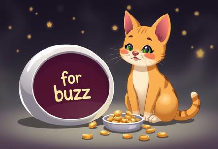 a cute cat sitting near of a empty bowl that says “for buzz".
cartoon style
magic background
gold money and ignot on the ground
There's gold at the bottom of the bowl.