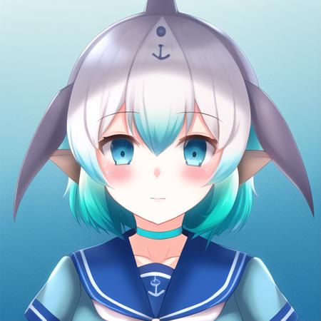 <lora:cbd:0.8>, cbd, solo, 1girl, blue hair, blue eyes, short sleeves, short hair, grey hair, sailor collar, light blue frilled sailor dress, dolphin tail, dorsal fin, blowhole, neckerchief, japari symbol, gradient hair, hair between eyes, bangs, head fins, dolphin girl, choker, collarbone, anchor symbol, detailed shading, detailed ambient light