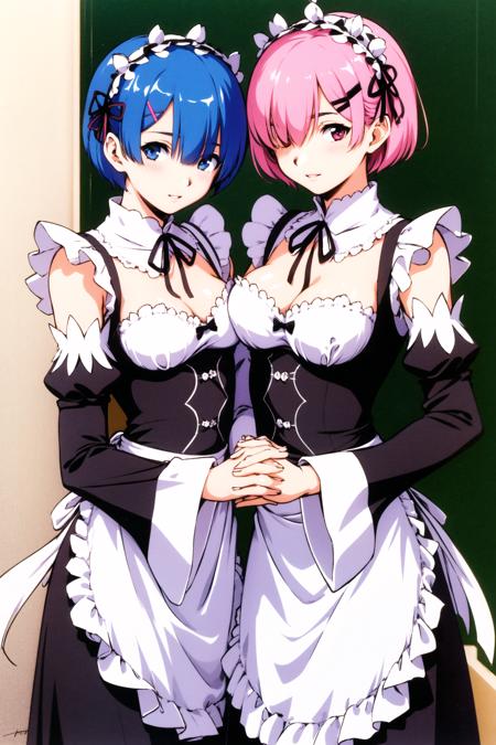 ram (re:zero), multiple girls, 2girls, sisters, roswaal mansion maid uniform, twins, siblings, pink hair, rem (re:zero), short hair, blue hair, blue eyes, maid, ribbon, detached sleeves, red eyes, hair ornament, hair over one eye, smile, looking at viewer, holding hands, apron, x hair ornament, hair ribbon, interlocked fingers, black ribbon, frills, maid headdress, white apron, blurry background, blurry, neck ribbon, ribbon trim, bangs, breasts, blush, purple ribbon, small breasts, long sleeves, parted lips, waist apron, shiny hair, pink ribbon, dress, wide sleeves, standing, frilled sleeves, shiny, ribbon-trimmed sleeves, <lora:Hidero Horibe:0.8>