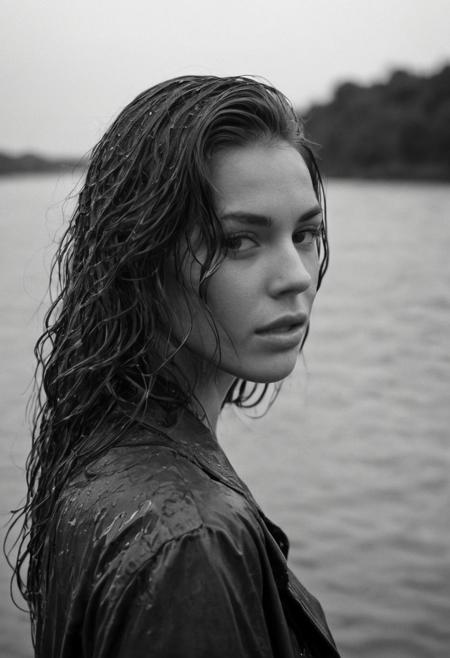 The captivating monochrome image of a beautiful woman with wet hair, looking back at the viewer with an innocent expression, is a stunning work of art. Shot with an F1.5 lens, the shallow depth of field masterfully blurs the river backdrop, drawing all attention to her exquisite face. The addition of film grain and a vignette effect enhances the timeless and nostalgic ,(minimalist abstraction:1.2), (subtle gradient backdrop:1.1), (tranquil yet evocative:1.2), (conceptual portraiture:1.3), (play on perception:1.2), Canon EOS 5D Mark III, 1/160s, f/8, ISO 100, (surreal calm:1.1), (visual metaphor:1.3),ambiance. The wet hair, illuminated by soft light, creates a captivating frame for her delicate features. This close-up portrait, with its exquisite use of lighting and composition, captures a moment of raw emotion and beauty, evoking a sense of purity and vulnerability that draws the viewer into her captivating world.
