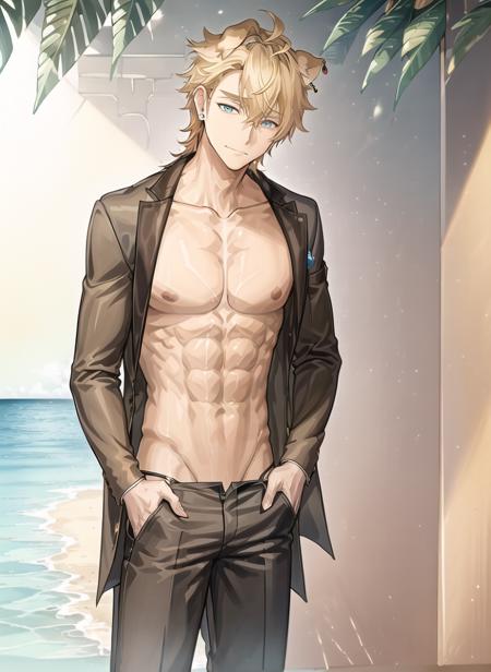 <lora:longshelan:0.48>,1boy,  blonde_hair, aqua eyes, earrings, ((dog ears)), jewelry, (bare shoulders), collarbone, (wet),(abs),(nude),bishounen,cowboy_shot, dappled_sunlight,  (bare body), ((brown pants)),(((underwear))),male_focus, ((solo)), god rays, sea, coconut_trees