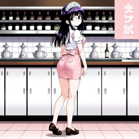 SUTomo,1girl,black hair,purple hair,long hair,bangs,brown eyes,eyewear, waitress headdress, waitress,white shirt,turtleneck,pink dress,pink apron, pencil_skirt, mini skirt,